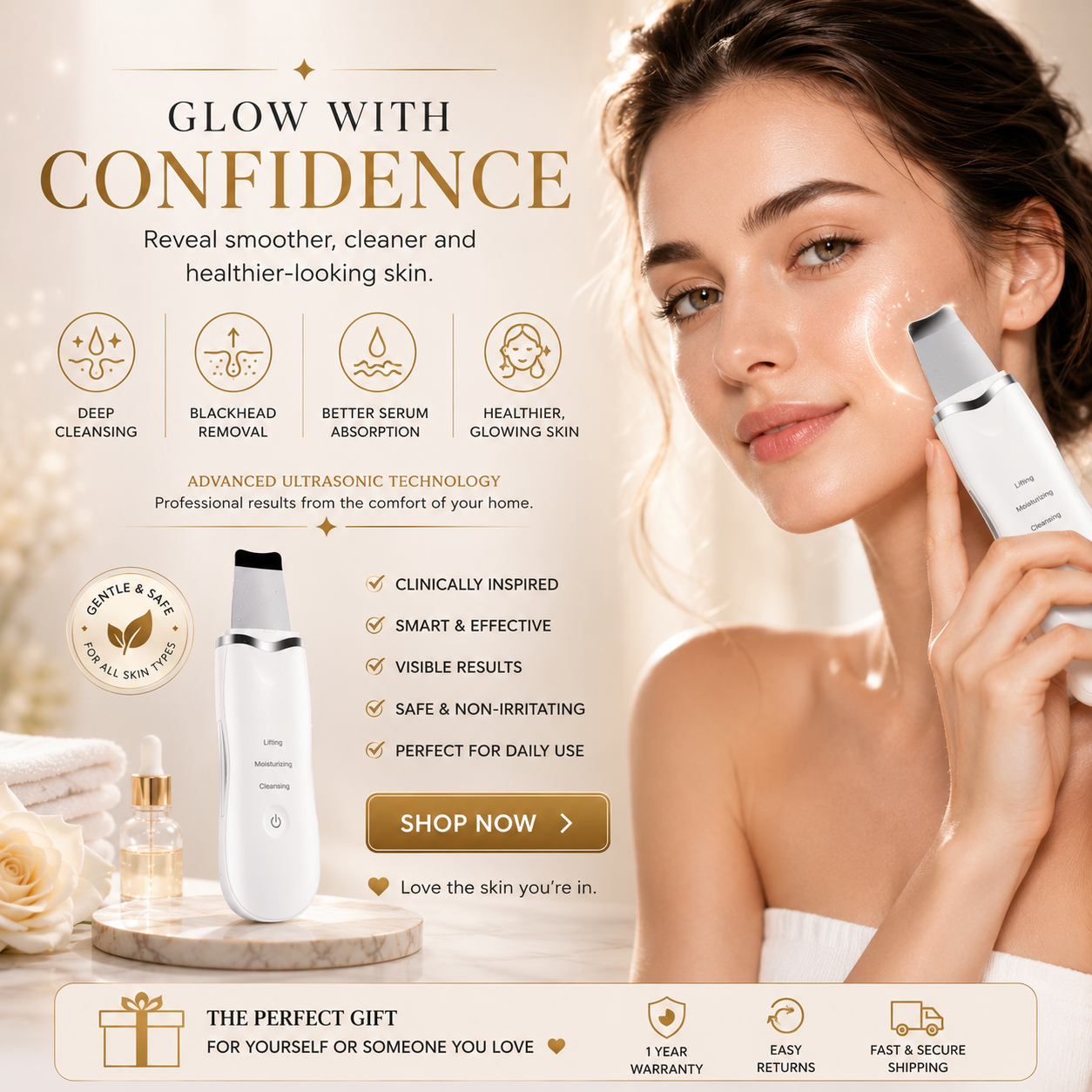 3-in-1 Ultrasonic Skin Scrubber — Deep Pore Cleanse & Blackhead Remover for Glowing Skin
