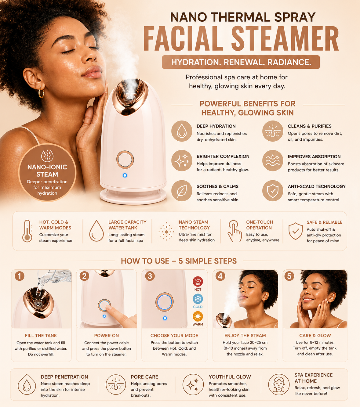 Hot & Cold Nano Facial Vaporizer — 3-Mode Professional Steamer