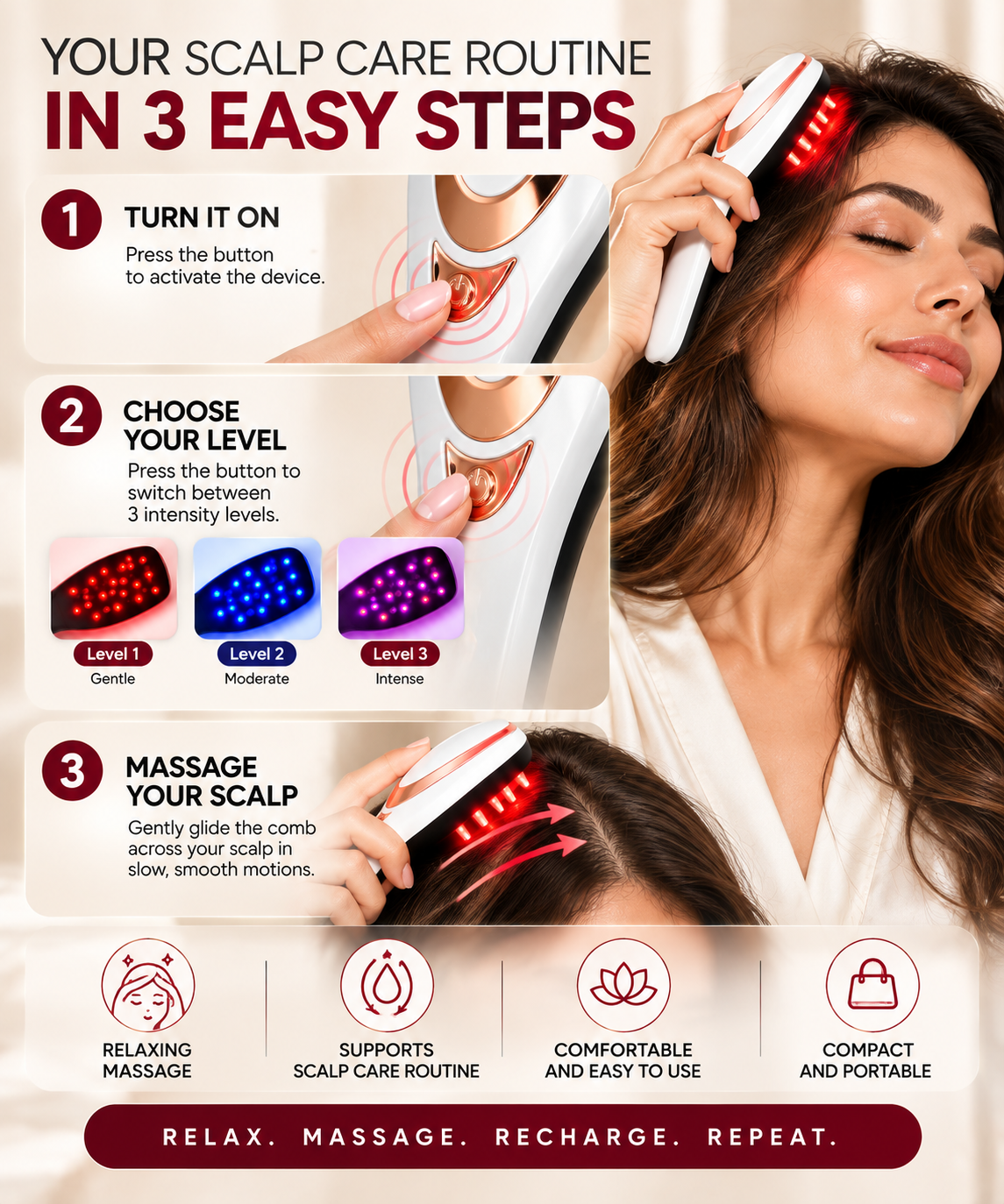 Rechargeable Scalp Massager — 3-Speed Vibration Head Relaxer